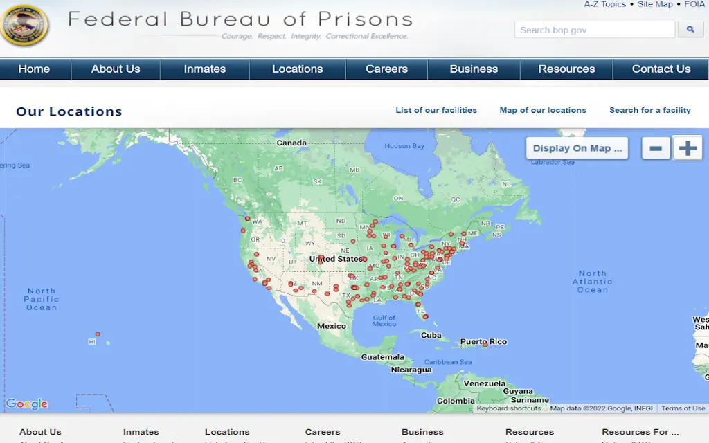 A map of Bureau of Prisons Locations in the U.S.A.