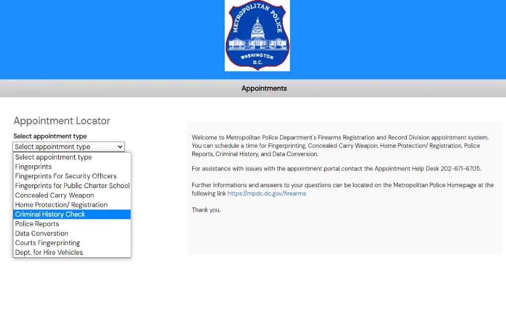 Washington D.C. Metropolitan Police criminal history check tool. 