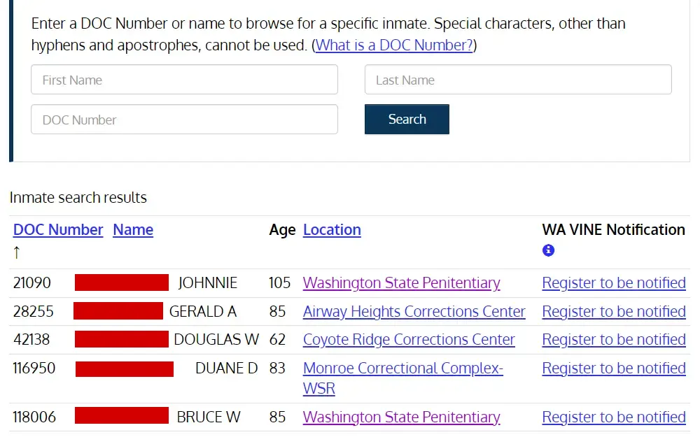 A screenshot of Washington inmate search tool where the user can search an inmate by name or DOC number.
