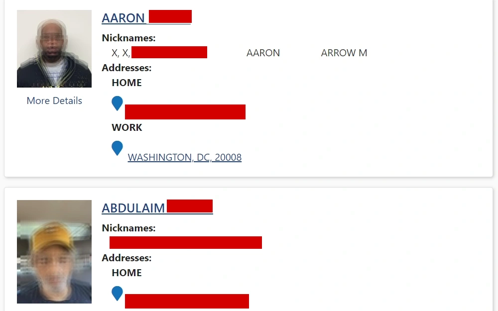 A screenshot of the Washington, DC’s sex offender registry where the user can find sex offenders by address, name or nickname.