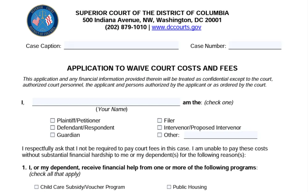 A screenshot of the form that allows the public to request a fee waiver due to financial hardship from the court.