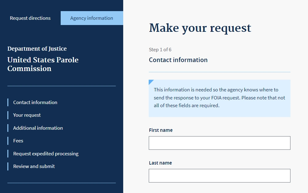 Screenshot of the online request form for parole information showing fields for full name, and other tabs for request and additional information.