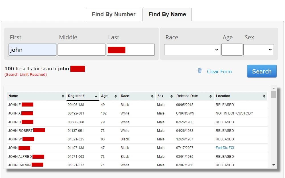 A screenshot of the search results for federal inmates listing the individuals' names, register numbers, basic information, release dates, and locations. 