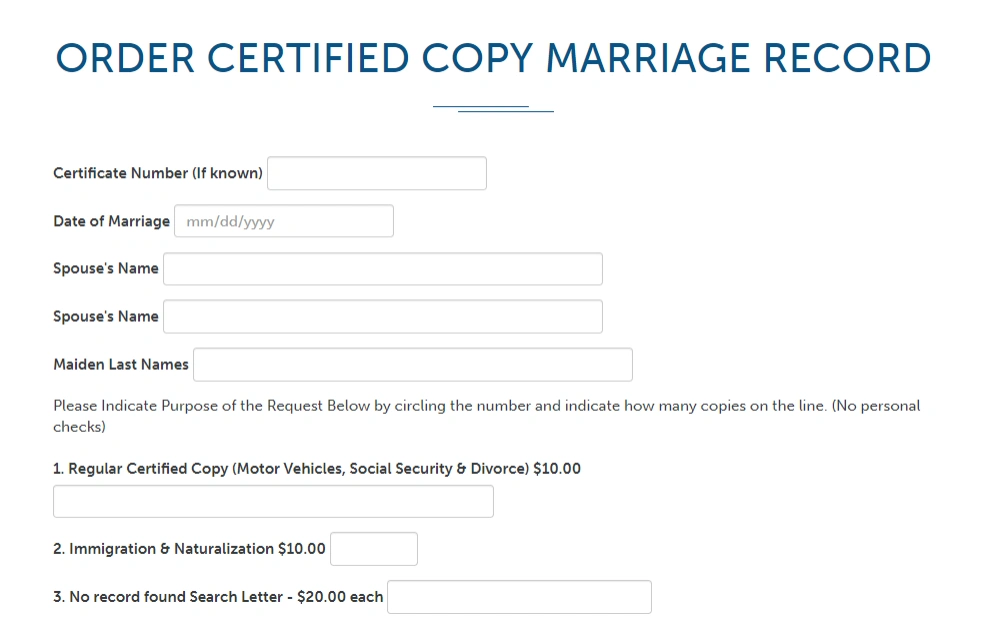 A screenshot of the certified copy of the marriage document order page on the District of Columbia Courts website, where the requester must provide the following information: certificate no., date of marriage, spouse name, maiden last name, and indicate the number of copies; fees to each type of document is also visible.