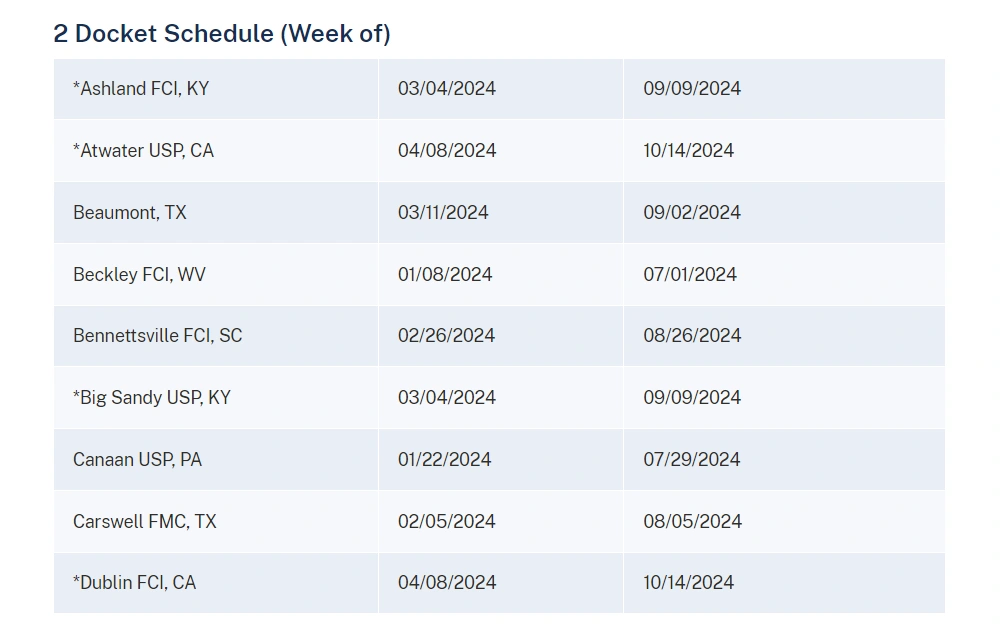 Screenshot of the parole docket schedule displaying the dates and states where it will be held.