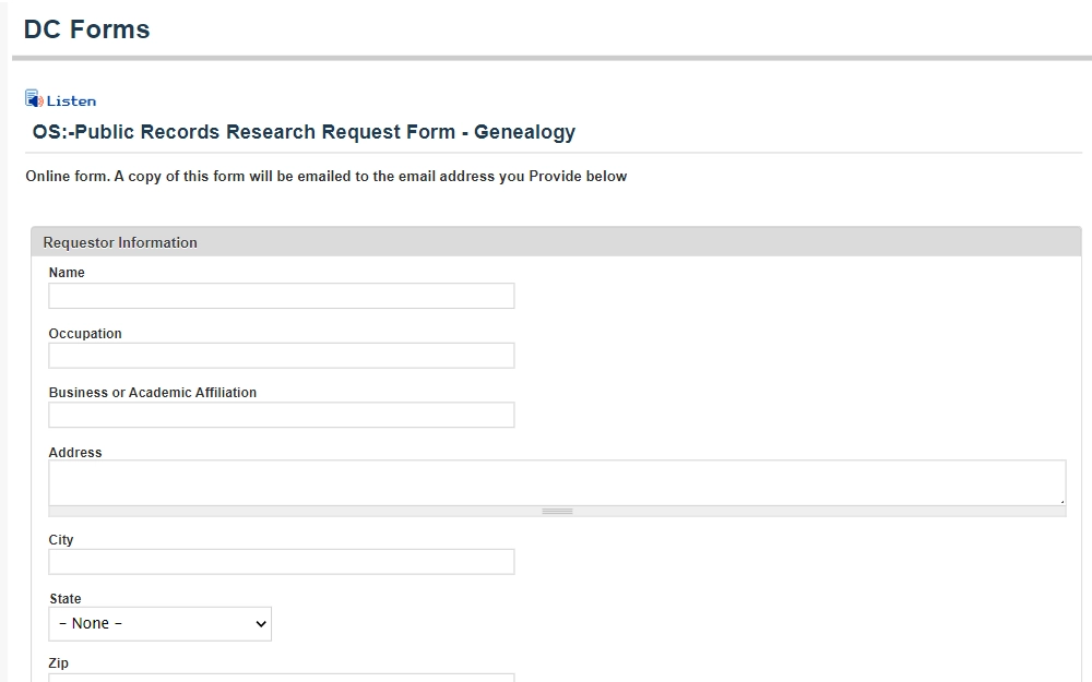 A screenshot of the form that allows the users to request divorce data from the District of Columbia Office of Public Records (Archives).