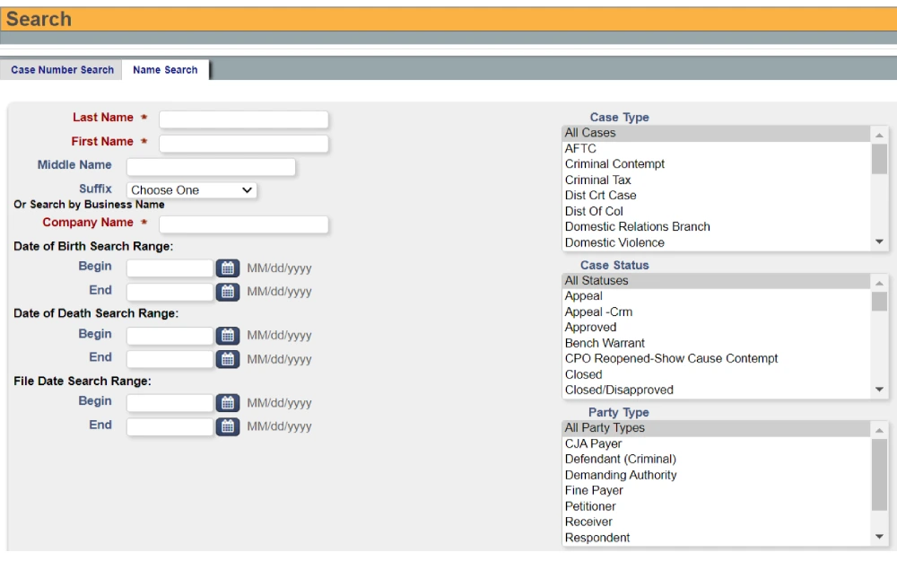 A screenshot displaying a name search toolbar from the District of Columbia Courts website with filter criteria of last, first, and middle name, suffix, company name, date of birth, death and file date.
