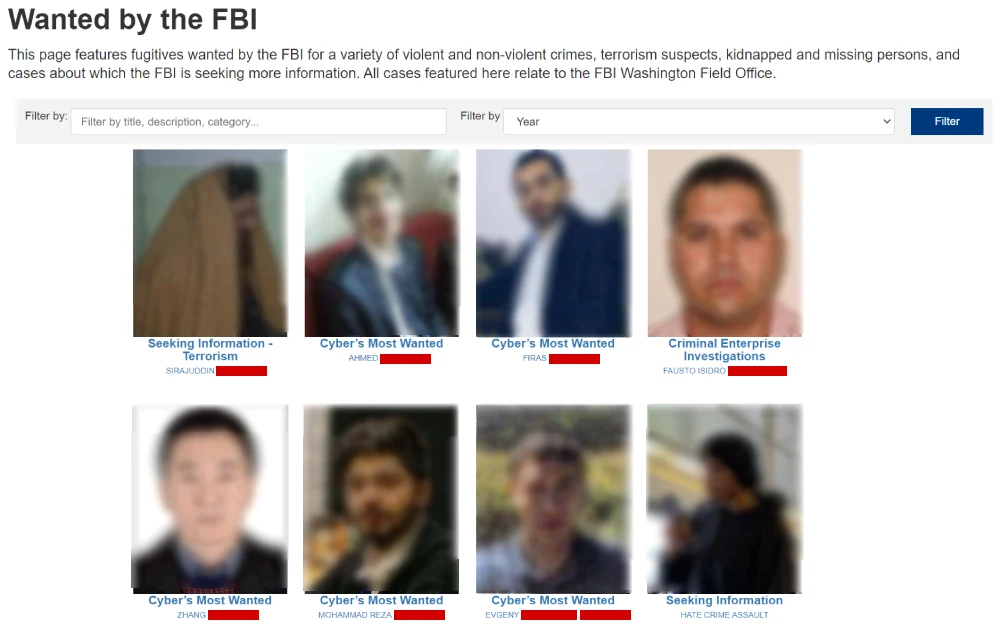 A screenshot showing a search toolbar and the fugitives wanted by the FBI for some violent and non-violent crimes and other cases from the Federal Bureau of Investigation website.