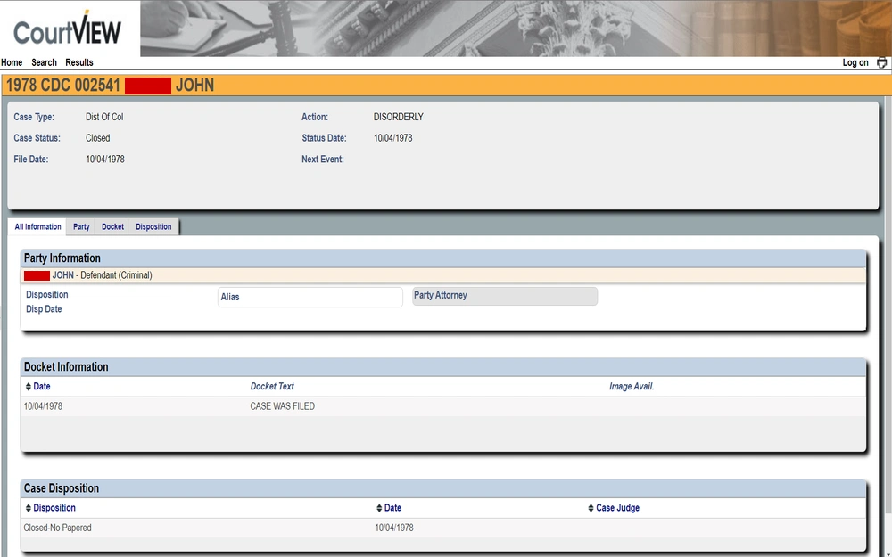 A screenshot from the District of Columbia Courts displaying details of a case including case type, status, action, dates, and party information with the defendant's name and case disposition indicated.