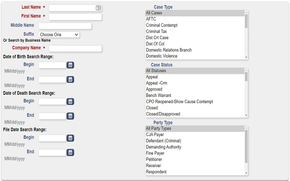 A screenshot from the District of Columbia Courts showing a search form with fields for personal and business names, date of birth and death ranges, and file date ranges, along with drop-down menus for case type, status, and party type.