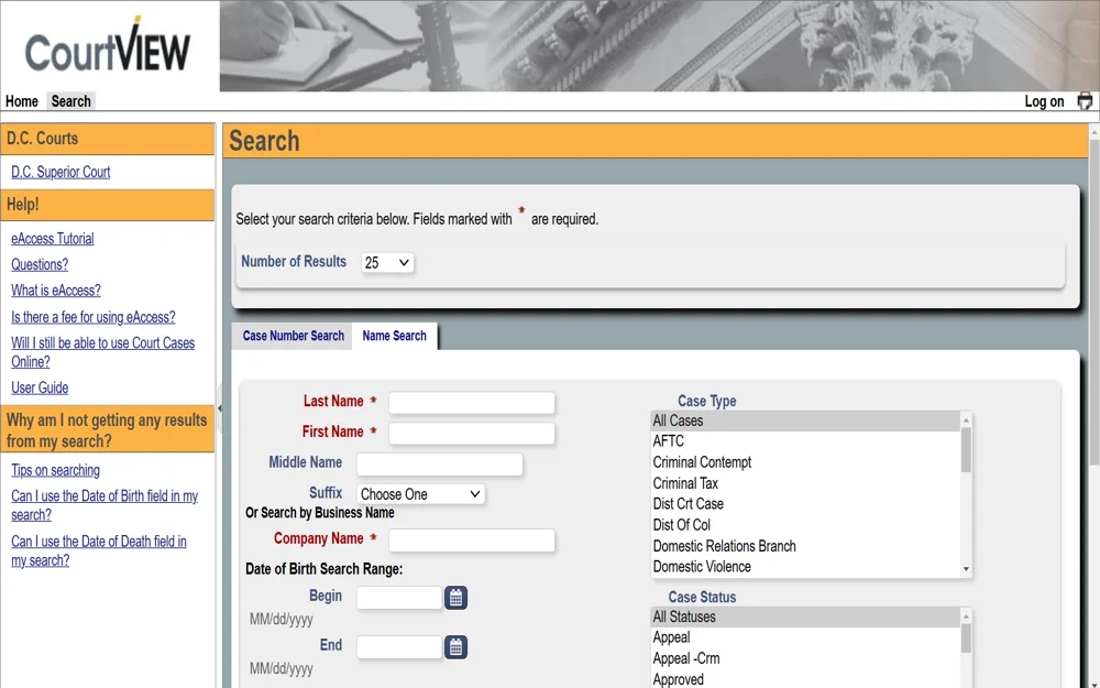 A screenshot shows the search tool of the CourtView system for D.C. Courts, providing options to search by case number, name, company, or various filters such as case type and status, assisting users in finding court case information online.