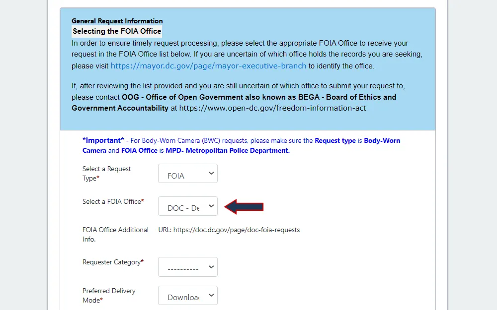 Screenshot of the second section of the FOIA online request form from the District of Columbia Freedom of Information Act Public Access Portal, asking for general information, starting with instructions for the request, followed by the required fields for request type, FOIA office, requester category, and mode of delivery.