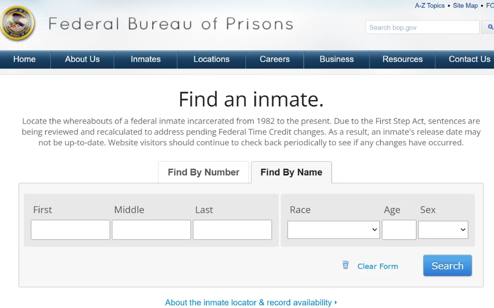A screenshot displays the Federal Bureau of Prisons inmate locator, offering tools to find inmates by number or name, which includes options to specify first, middle, and last names, race, age, and sex, highlighting its utility for locating federal inmates incarcerated since 1982.