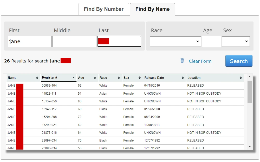 Screenshot of the search results from the database maintained by the Federal Bureau of Prisons through their inmate locator, showing the input fields for first, middle, and last names, race, age, and sex, followed by the table of results itself containing the following details: name, register number, age race, sex, release date, and location.