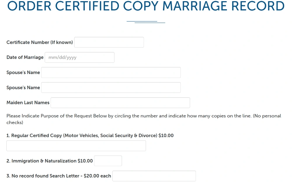 A screenshot displays a form from the District of Columbia Courts for requesting a certified copy of a marriage record, which includes fields for the certificate number, marriage date, spouse's name, and a section to indicate the purpose of the request, such as for motor vehicles, social security, divorce, immigration, or a search letter if no record is found.