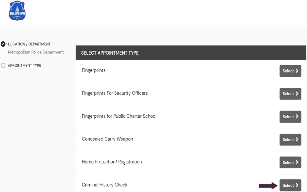 A screenshot displays a selection of appointment types at the D.C. Metropolitan Police Department, offering various options, including fingerprinting for general purposes, security officers, public charter school employees, concealed carry weapon permits, home protection registration, and criminal history checks.