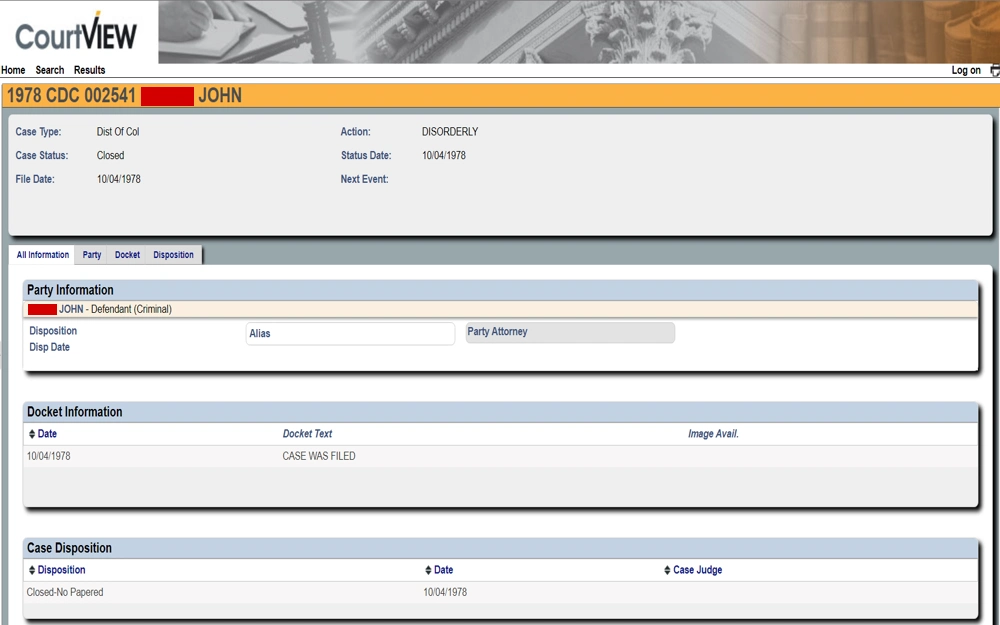 A screenshot of case information from the DC Courts eAccess system where the user can view all information or select the tabs at the top to get specific information on the party, docket, or disposition of the case.