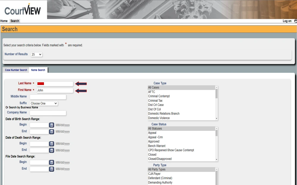 A screenshot of the DC Courts e-Access website where a user can check criminal records by searching DC criminal cases.